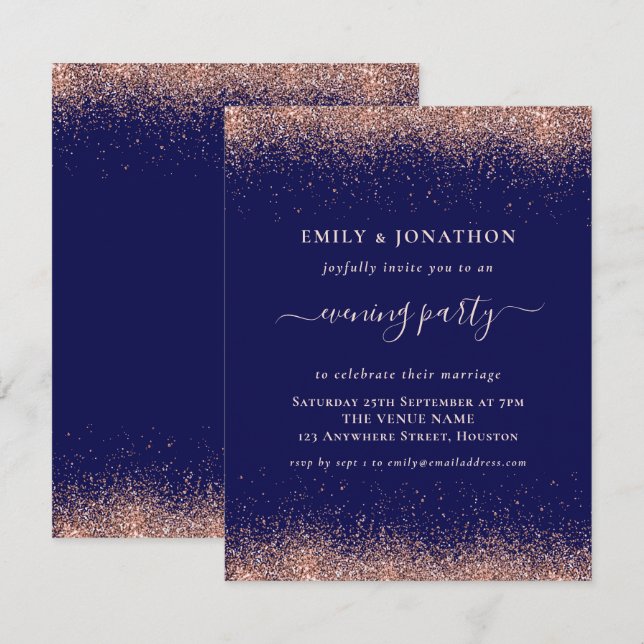 Rose Gold Glitzer Navy Abend Party Hochzeit Einladung (Vorne/Hinten)