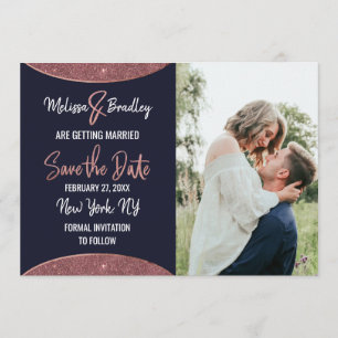 Rose Gold Glitzer Navy Blue Circle Save the Date Einladung