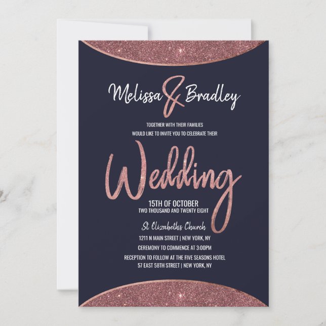 Rose Gold Glitzer Navy Blue Circular Wedding Einladung (Vorderseite)