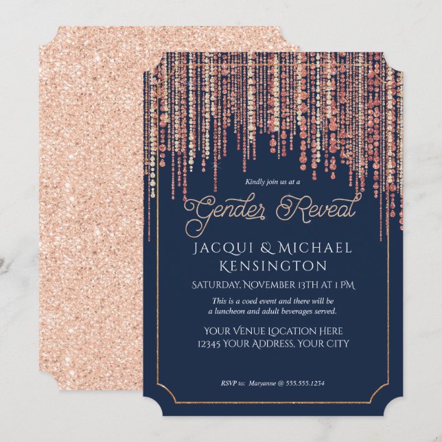 Rose Gold Glitzer Navy Blue Fringe Gender Reveal Einladung (Vorne/Hinten)