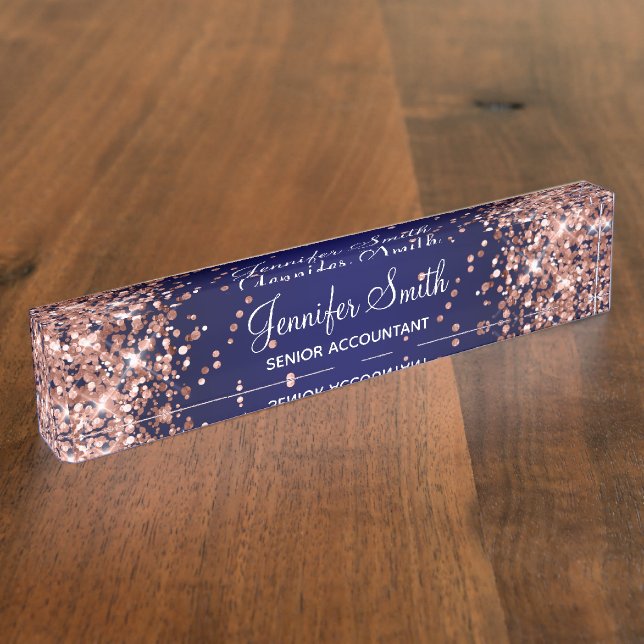 Rose Gold Glitzer Navy Blue Gradient Namensplakette (Seite)