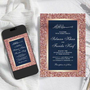 Rose Gold Glitzer Navy Blue Islamische Hochzeit Einladung