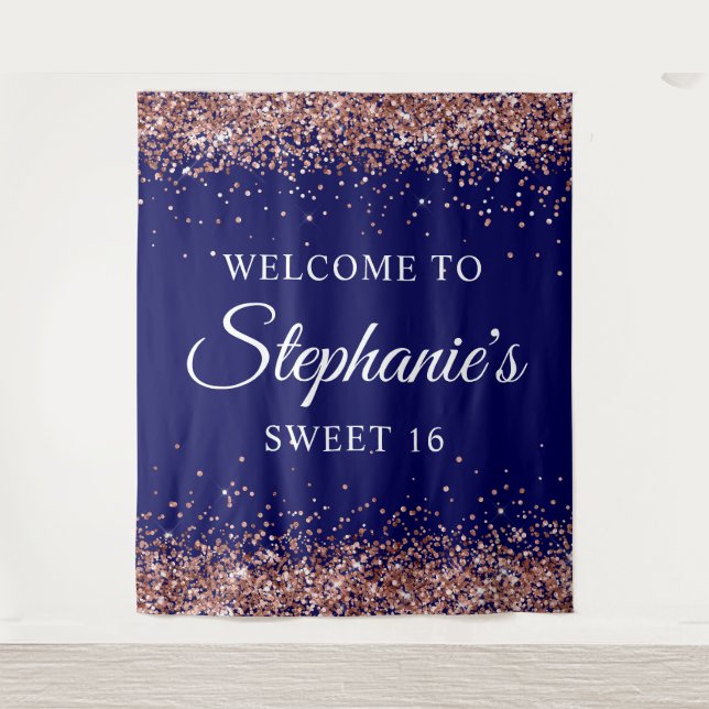 Rose Gold Glitzer Navy Blue Willkommen im Sweet 16 Wandteppich (Vorderseite)