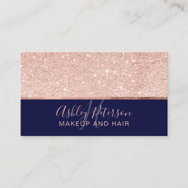 Rose Gold Glitzer Navy Haar Makeup Monogramm Visitenkarte (Vorderseite)
