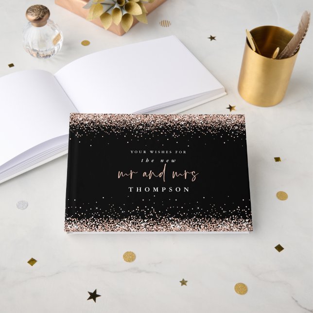 Rose Gold Glitzer New Mrs. Black Wedding Gästebuch (Vorderseite Offen)