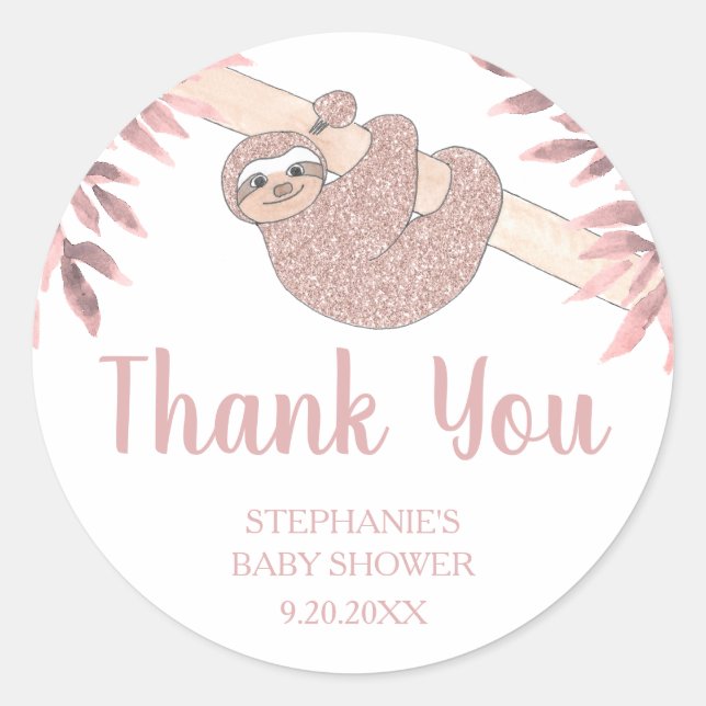 Rose Gold Glitzer Niedlich Sloth Baby Duschaufkleb Runder Aufkleber (Vorderseite)