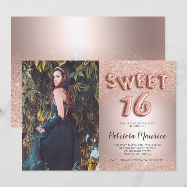 Rose Gold Glitzer Ober Buchstabenfolie Foto süß 16 Einladung (Vorne/Hinten)