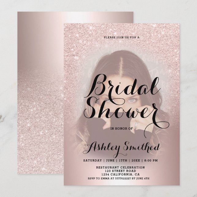 Rose Gold Glitzer Ober Foto Brautparty Einladung (Vorne/Hinten)