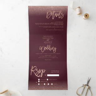 Rose Gold Glitzer Ober roter Bordeaux Hochzeit Dreifach Gefaltete Einladung