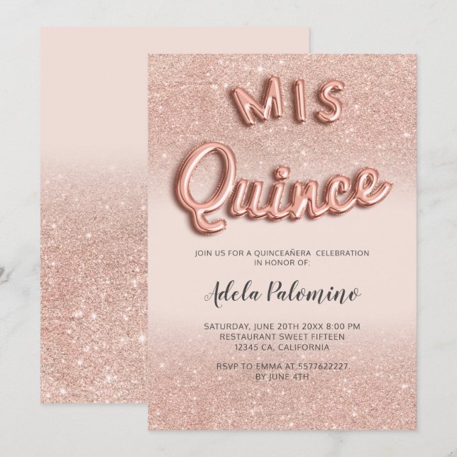 Rose Gold Glitzer ombre Ballons rot Quinceañera Einladung (Vorne/Hinten)