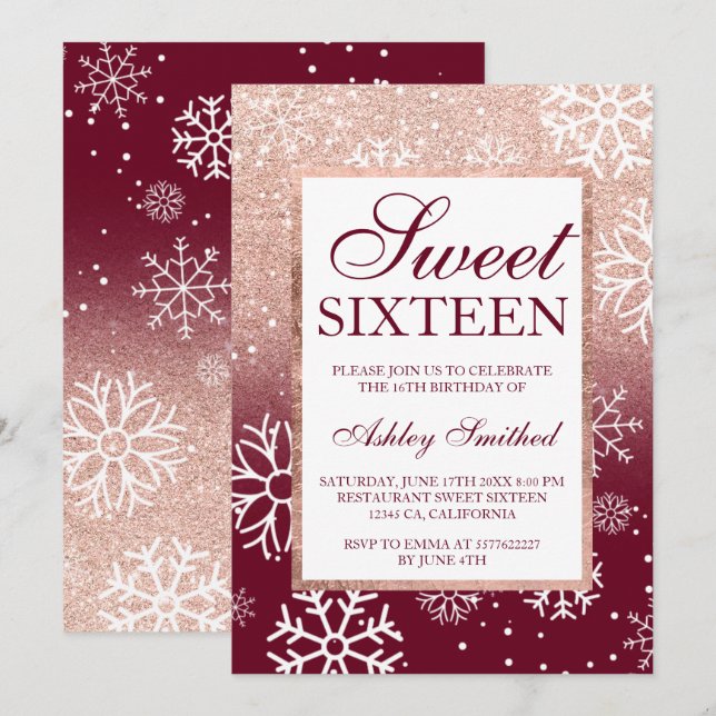 Rose Gold Glitzer ombre burgundy Schnee Sweet 16 Einladung (Vorne/Hinten)