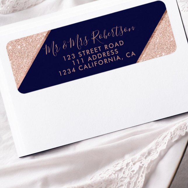Rose Gold Glitzer ombre Drehbuch blaue Hochzeit (Rose gold glitter ombre script navy blue wedding label)