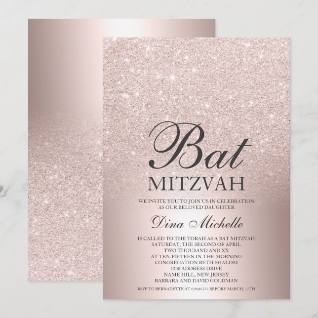Rose Gold Glitzer ombre Metallic chic Bat Mitzvah Einladung (Vorne/Hinten)