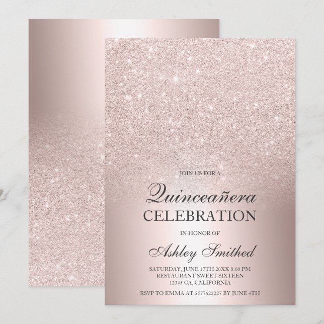 Rose Gold Glitzer ombre Metallic Folie Quinceñera Einladung (Vorne/Hinten)