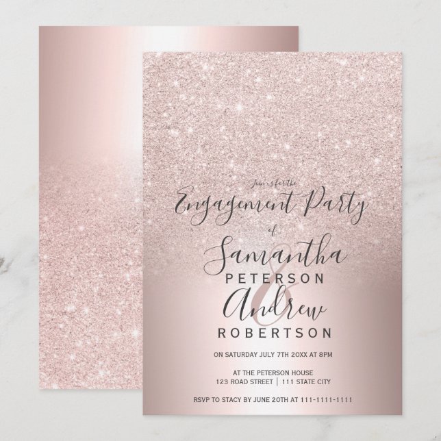 Rose Gold Glitzer ombre Metallische Folie Verlobun Einladung (Vorne/Hinten)