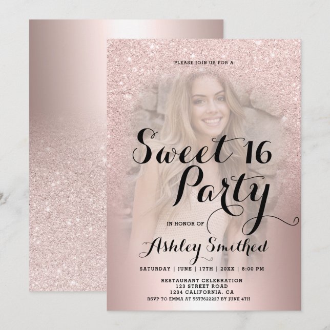 Rose Gold Glitzer ombre Metallisches Foto Süß 16 Einladung (Vorne/Hinten)