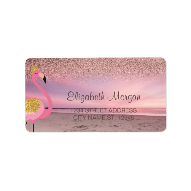 Rose Gold Glitzer Ombre Pink Flamingo Beach Adressaufkleber (Vorne)