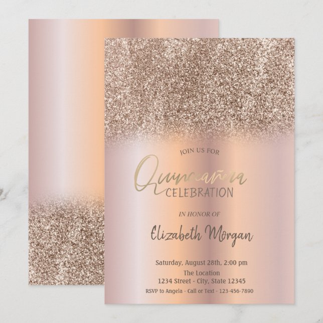 Rose Gold Glitzer Ombre Quinceañera Einladung (Vorne/Hinten)