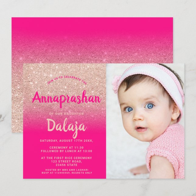Rose Gold Glitzer ombre rosa Foto Annaprashan Einladung (Vorne/Hinten)