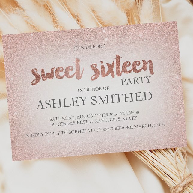 Rose Gold Glitzer ombre schicke moderne Sweet 16 Einladung (Von Creator hochgeladen)