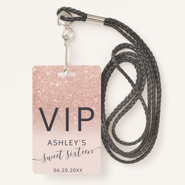 Rose gold Glitzer ombre Skript rot Sweet 16 VIP Ausweis (Vorderseite mit Schlüsselband)