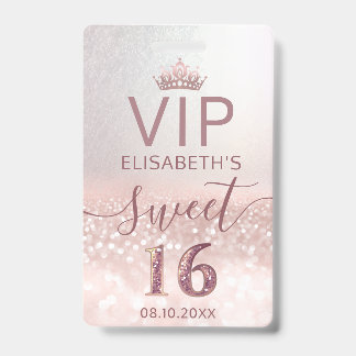 Rose gold Glitzer ombre Skript Sweet 16 VIP Abzeic Ausweis
