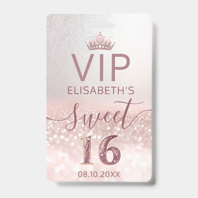 Rose gold Glitzer ombre Skript Sweet 16 VIP Abzeic Ausweis (Front)