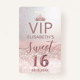 Rose gold Glitzer ombre Skript Sweet 16 VIP Abzeic Ausweis