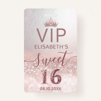 Rose gold Glitzer ombre Skript Sweet 16 VIP Abzeic Ausweis