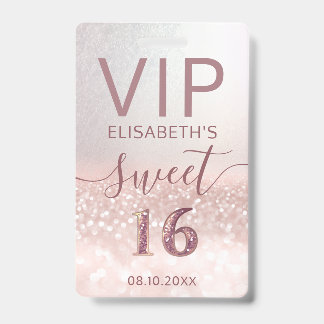 Rose gold Glitzer ombre Skript Sweet 16 VIP Abzeic Ausweis
