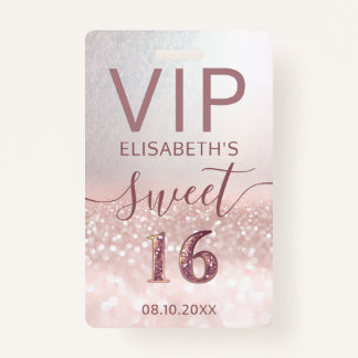 Rose gold Glitzer ombre Skript Sweet 16 VIP Abzeic Ausweis