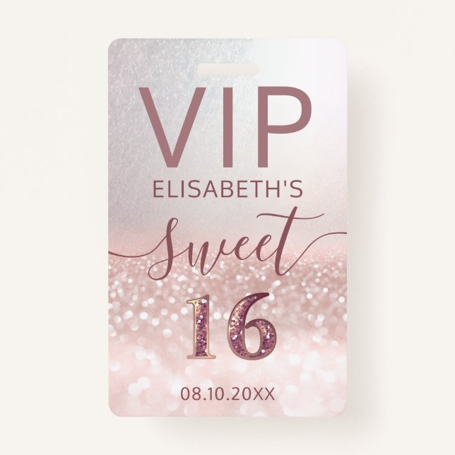 Rose gold Glitzer ombre Skript Sweet 16 VIP Abzeic Ausweis (Vorderseite)
