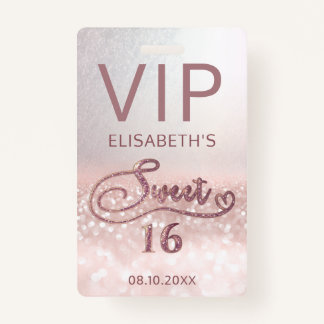 Rose gold Glitzer ombre Skript Sweet 16 VIP Ausweis