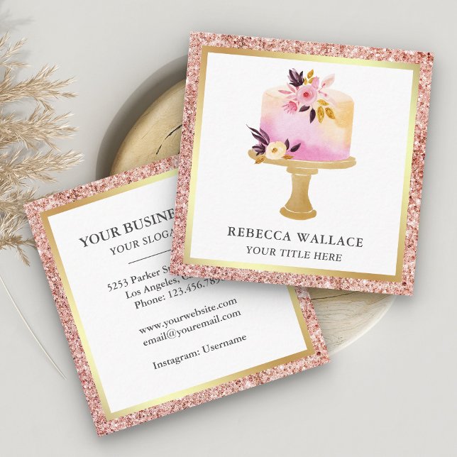 Rose Gold Glitzer Pastell Blumenkuchen Quadratische Visitenkarte (Von Creator hochgeladen)