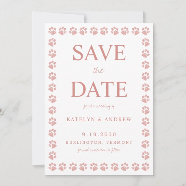 Rose Gold Glitzer Paw Print Wedding Save the Date Einladung (Vorderseite)