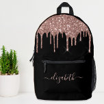 Rose Gold Glitzer Personalisiert Bedruckter Rucksack<br><div class="desc">Personalisierter,  schicker und gürtelschwarzer Rucksack mit eleganten Rose Gold Imitate Glitzer Tropfen. Personalisieren Sie mit Ihrem Namen in einem stilvollen,  trendigen Rose Gold Skript mit Swashes. Bei Bedarf können Sie die Größe des Skript-Schriftartes im Entwurfstool für kürzere oder längere Namen anpassen.</div>