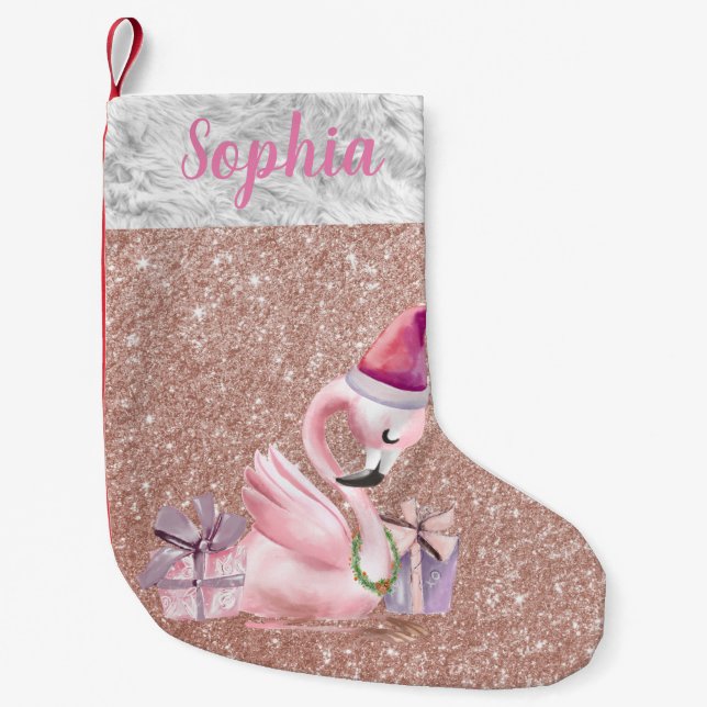 Rose Gold Glitzer Personalisiert Flamingo Urlaub Kleiner Weihnachtsstrumpf (Vorderseite)