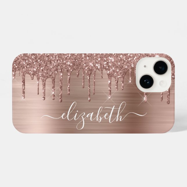 Rose Gold Glitzer Personalisiert iPhone 14 Hülle (Rückseite (Horizontal))