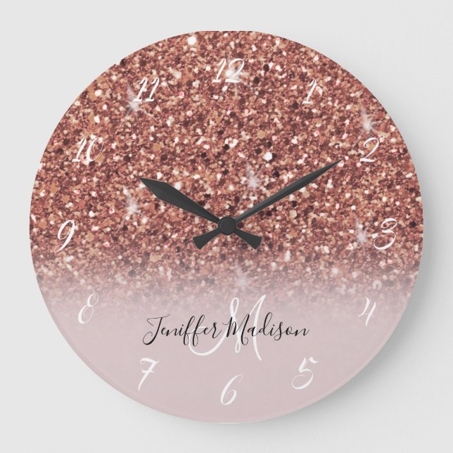 Rose Gold Glitzer Personalisiert Name Große Wanduhr (Vorderseite)