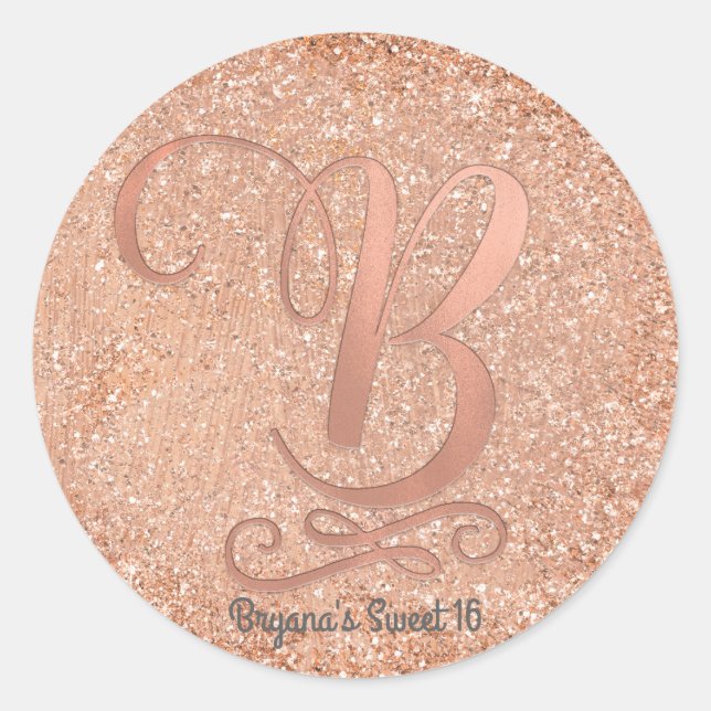 Rose Gold Glitzer Personalisierter Anfangsbuchstab Runder Aufkleber (Vorderseite)