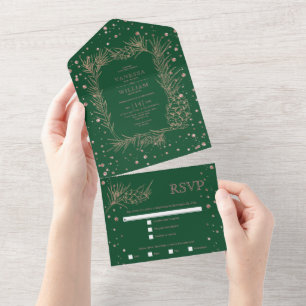 Rose Gold Glitzer Pine Smaragdgrüne Hochzeit All In One Einladung