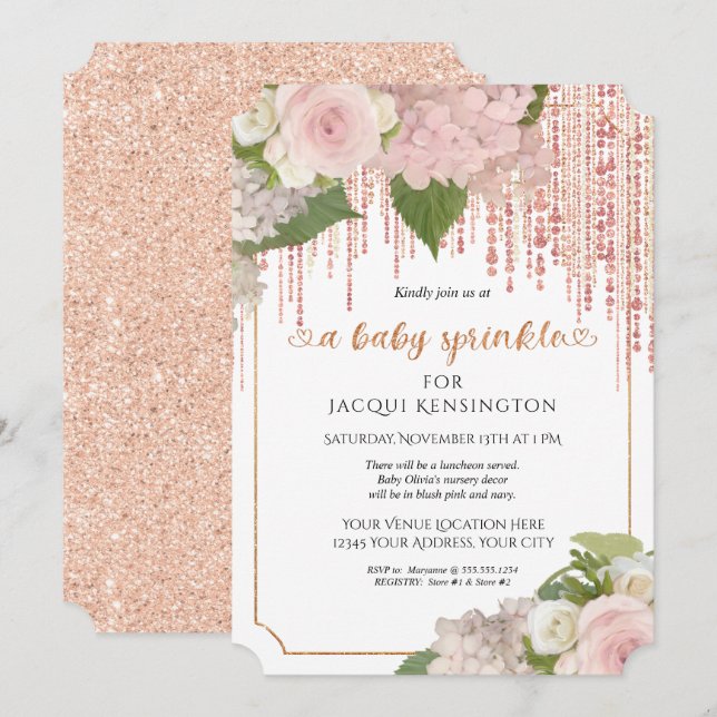 Rose Gold Glitzer Pink Floral Baby Girl Sprinkle Einladung (Vorne/Hinten)