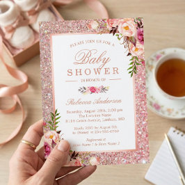 Rose Gold Glitzer Pink Floral Girl Babydusche Einladung