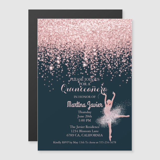 Rose Gold Glitzer Pink Quinceñera 15. Geburtstag Magneteinladung (Vorne/Hinten)