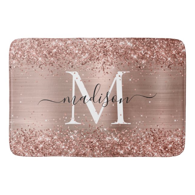 Rose Gold Glitzer Pinselmetall Monogram Script Badematte (Vorderseite)