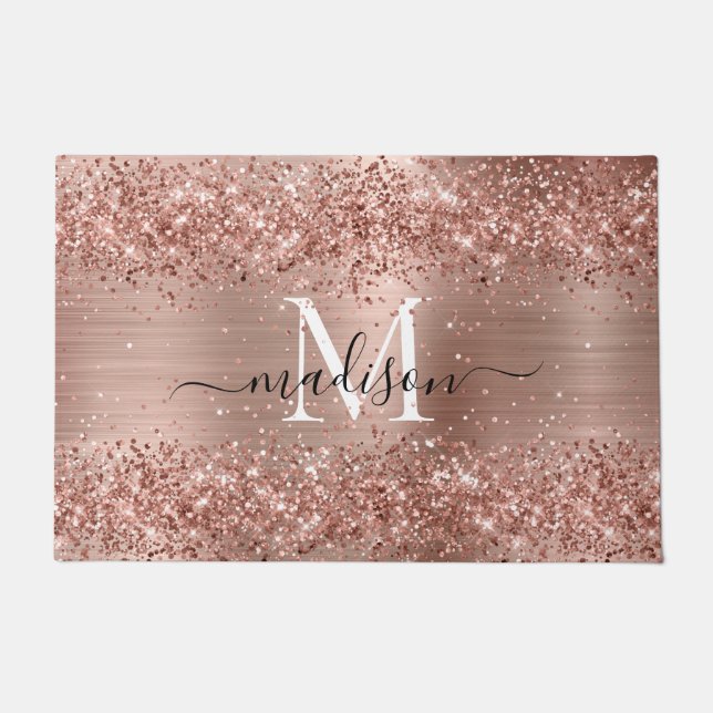 Rose Gold Glitzer Pinselmetall Monogram Script Fußmatte (Vorderseite)