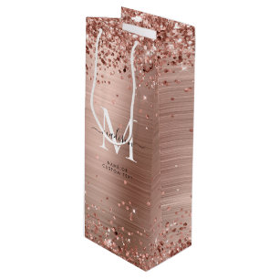 Rose Gold Glitzer Pinselmetall Monogram Script Geschenktüte Für Weinflaschen