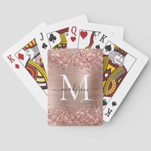 Rose Gold Glitzer Pinselmetall Monogram Script Spielkarten (Rückseite)