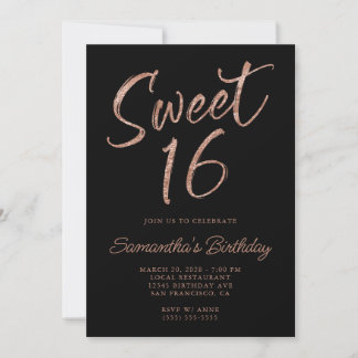 Rose Gold Glitzer Pinselschrift Sweet 16 Black Einladung