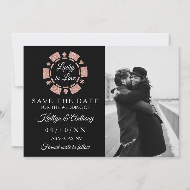Rose Gold Glitzer Poker Chip Casino Foto Hochzeit Save The Date (Vorderseite)